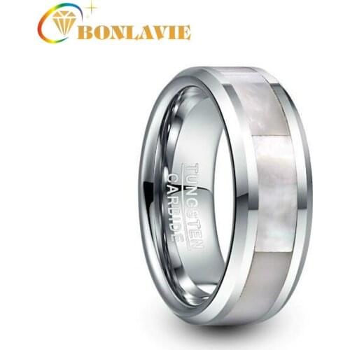 BONLAVIE 8mm Wide Steel Color Tungsten Carbide Ring Mens Ring Inlay White White Fritillary Tungsten Steel Ring Party Jewelry