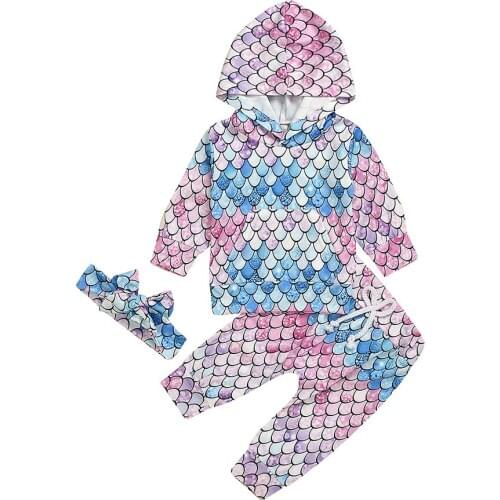 3PCS Boutique Toddler Kids Girls Clothes Set Mermaid Hoodie Tops +Pants+Headband Outfits Children Set Kids Girl Tracksuit
