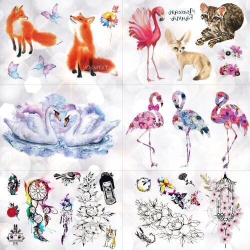 Swan flamingo Watercolor Temporary Tattoo Sticker Unicorn Fox Flowers Waterproof Tattoos Body Art Arm Fake Tatoo Women Girl