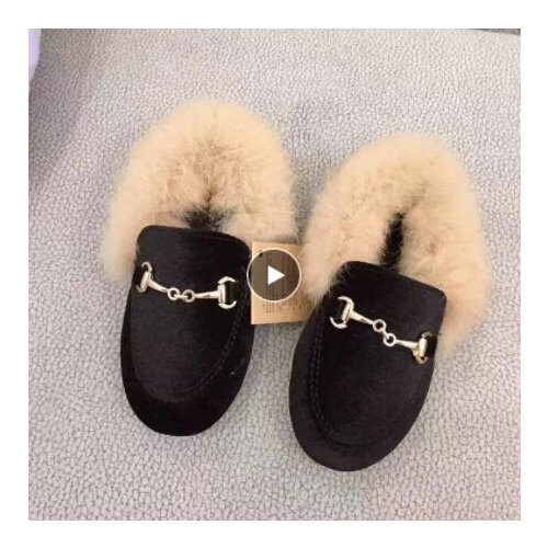 HOT real hair non-slip childrens shoes Boys Girls Velvet Loafer 2021 Winter Warm Kids Fur Shoes 24-32 Flat (Christmas present)