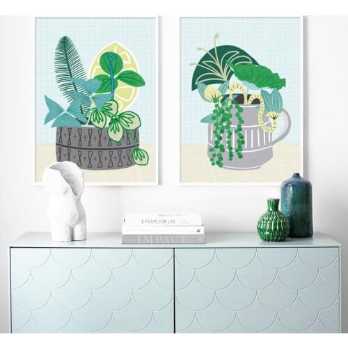 Cartoon Fresh Plant Posters Green leaves Flower Potted Wall Art Canvas Painting Wall Pictures Baby Kids Room Nursery Decor