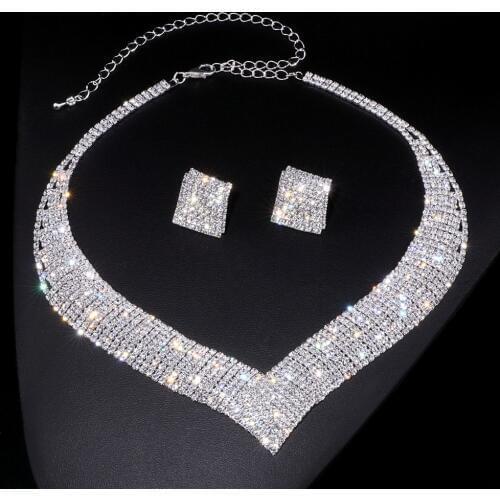 2019 Luxury Classic Crystal Wedding Jewelry Sets for Women Clear Geometric Rhinestone Necklace Set Bridal Engagement Jewelry