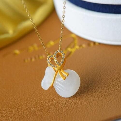 New S925 Sterling Silver Inlaid Natural Hetian Jade Money Bag Pendant White Jade Lucky Lucky Bag Hanging Ornament Womens Neckla