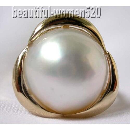 P7746 Huge 20mm South Sea Mabe Pearl Crescent Ring 925Silver & 14K Gold