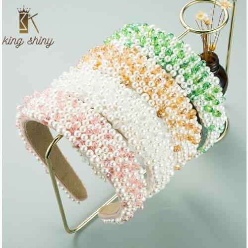 Vintage Baroque Full Imitation Pearl Headband for Woman Elegant Colorful Crystal Beaded Hairband Bridal Wedding Party Headpieces