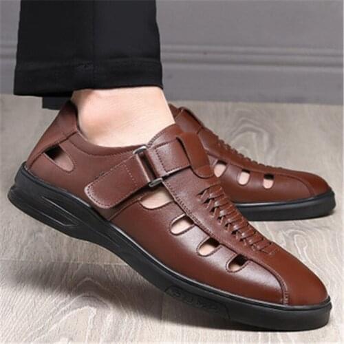 New Fashion Genuine Leather Mens Sandals Retro Rome Summer Classics Footwear Male Soft Sole Beach Hollow Out Shose Black