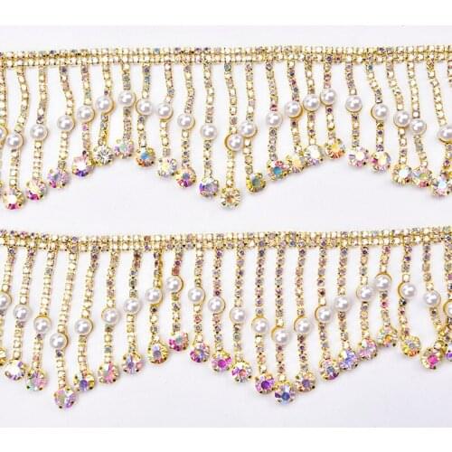 5.5cm Long AB Crystal Tassel Rhinestone Fringe Trim Gold Pearl Decorative Metal Chain Clothing Shoes Bags Accessories