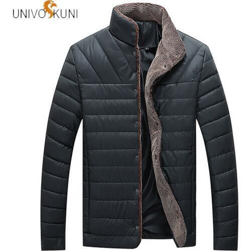 UNIVOS KUNI Winter Warm Jacket Mens Casual Stand Collar Solid Color Striped Button Parkas Homme Large Size Cotton Coat Q5232