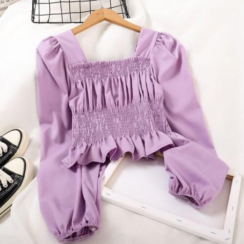 2021 Summer Women Square Collar Puff Sleeve Pleated Ruffles Shirt Lady Elastic Short Slim High Waist Pullover Chic Blouse Tops