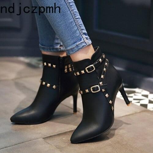 Womens Boots New fashion winter Pointed zipper Rivet high heel Ankle boots Womens shoes plus size 31-43 Heel Height 9cm black