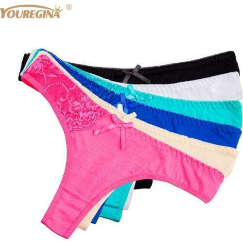 Womens Thongs Sexy Cotton Strings Lace Panties Womens Thongs Briefs Tanga Low Waist Underwear 6 pcs/lot M L XL