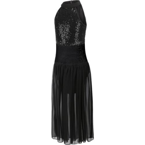 Girl Women One-Piece Ballet Dance Costumes Sleeveless Sequins Long Skirt Gymnastics Leotard Ballet Performance