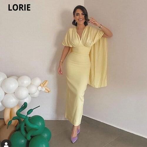 Verngo Simple Lemon Yellow Silk Satin Evening Party Dresses With Cape Sleeves V Neck Ankle Length Dubai Women Formal Prom Gown
