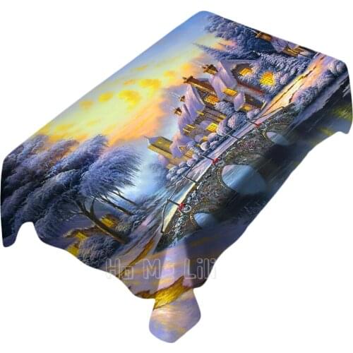 Snow Bridge River Street In Winter Design Waterproof For Dinner Table Cover Decor