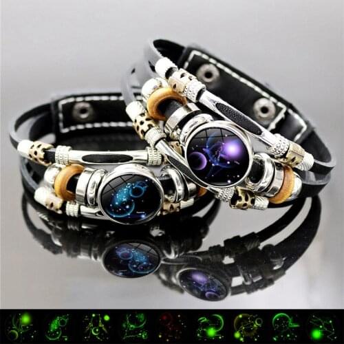 Luminous 12 Constellation Bracelet Zodiac Sign Snap Button Vintage Multilayer Weave Leather Bracelets for Women Jewelry Gifts