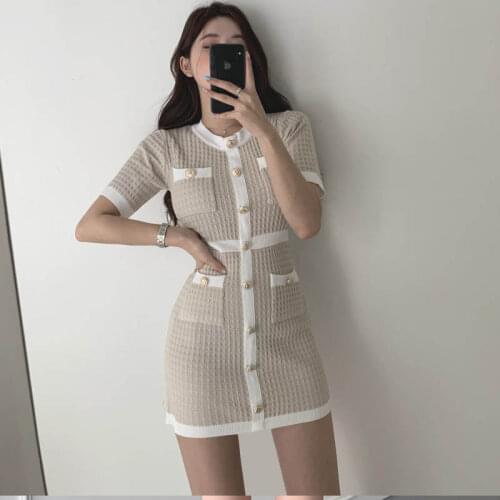 One Piece Knitted Dress 2021 Summer New Korean Temperament Sexy Sweater Dress French Retro Elegant Feminina Dress Vestidos Mujer