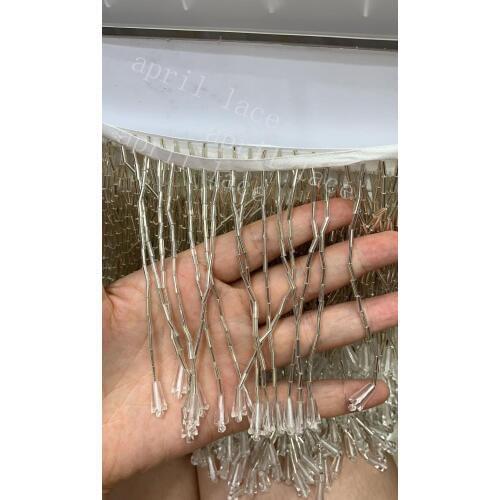 Cou004# 10 yards/bag 10cm width silver pendents beads ribbon fringe tassel for garment/decorative/wedding bridal gown dress