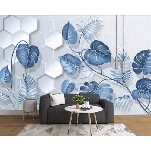 Three-dimensional relief Nordic hand-painted light blue small fresh tropical plant leaves background wall painting