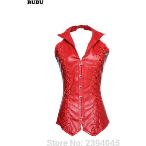 Hot Women Black Faux Leather Front Bust Spiral Steel Bone Gothic Sexy Halter Collar Corsets And Bustiers Crop Top