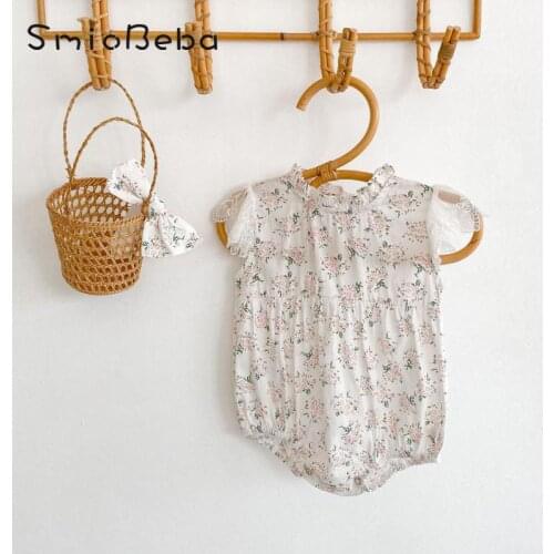 Pink Broken Floral Lace Fly Sleeve Baby Girls Jumpsuits With Headband Birthday Hatsuit One Piece Creeper Rompers Newborn Roupa