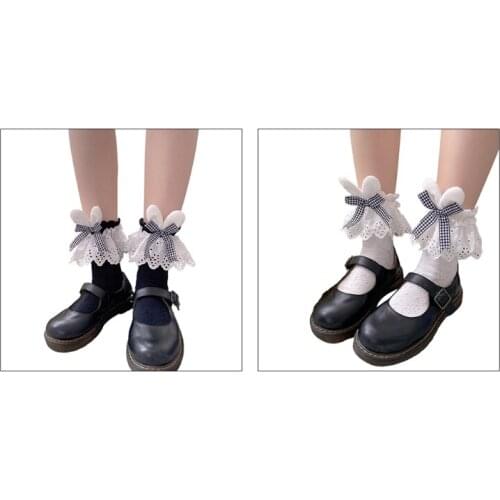 MXMA Lolita Embroidery Lace Crew Socks Kawaii Bunny Ears Plaid Bow Ruffled Hosiery
