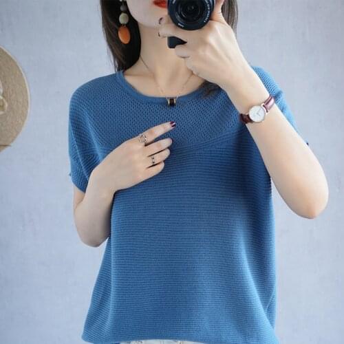 Smpevrg Summer Womens Tees Chic Casual O-Neck Short Sleeve Female Pullover 100% Knitted Tops Thin Cool Clothes T-Shirt Jumpers