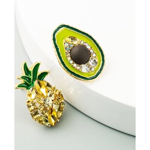 Sweet Pineapple Avocado Asymmetric Drop Earrings for Women Girl Gold Color Alloy Shiny Rhinestones Dangle Earrings Party Jewelry