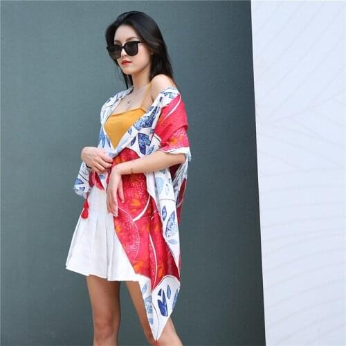 Fashion Korean Spring Summer Women Elegant Print Vacation Silk Scarf Shawls Cotton Linen Wild Long Wraps Beach Sunscreen Hijab