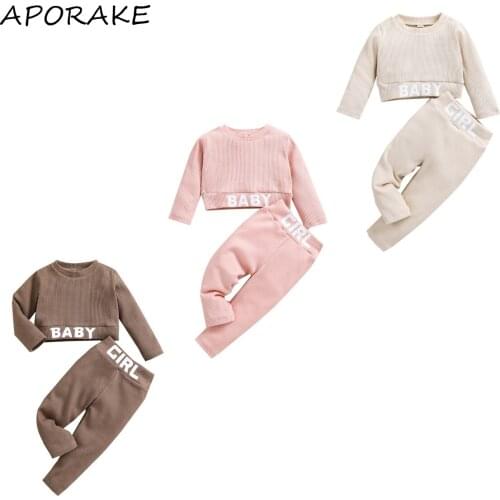 2021 0-4Y Fall Kids Girl Clothes Set BABY Letter Print Long Sleeve Knitted Crop Top+Pants Sweet Outfits 2pcs