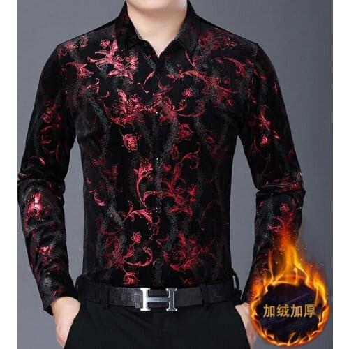 2020 Man Winter Thicken Gold Velvet Shirts Long Sleeve Floral Velour Clothes Man Warm Velvet Streetwear