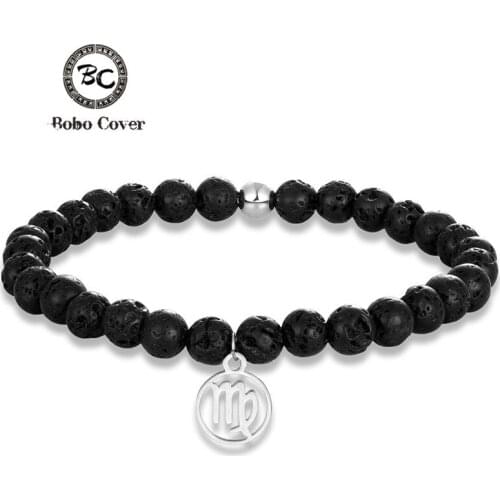 12 Zodiac Black Lava Stone 6mm Beads Charm Bracelets Men Constellations stainless steel Accessories Yoga Couple Bracelet homme