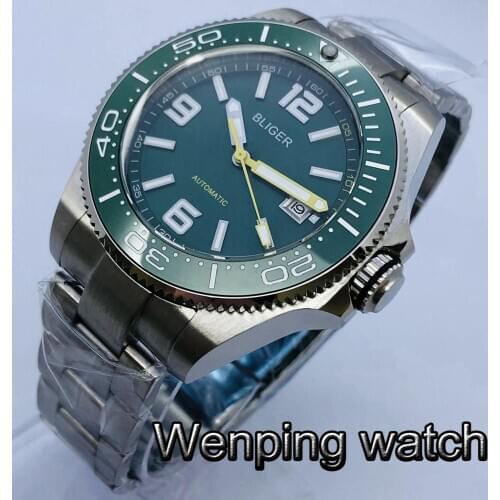 Bliger 43mm Mens Top Luxury Mechanical Watch Silver Case Sapphire Glass Ceramic Bezel Green Dial Date Luminous Automatic Watch