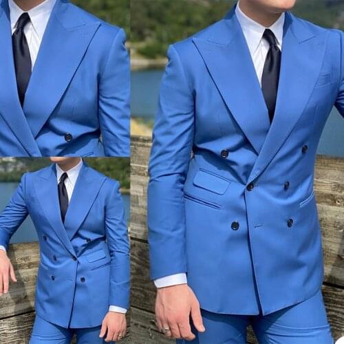 Gentleman 2 Pieces Blue Mens Tuxedos Plus Size Business Peaked Lapel Suit Tailored Prom Party Wedding Custom Made Suits