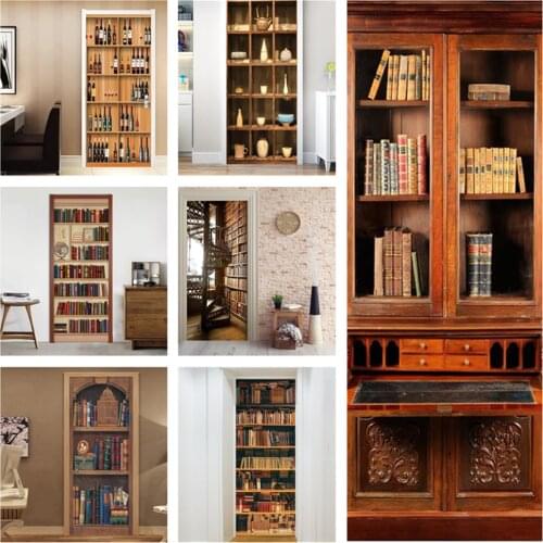 Modern Door Mural Sticker 3D Stereo Fashion Bookshelf Wallpaper PVC Self-Adhesive Waterproof Study Crreative Door Poster Decals