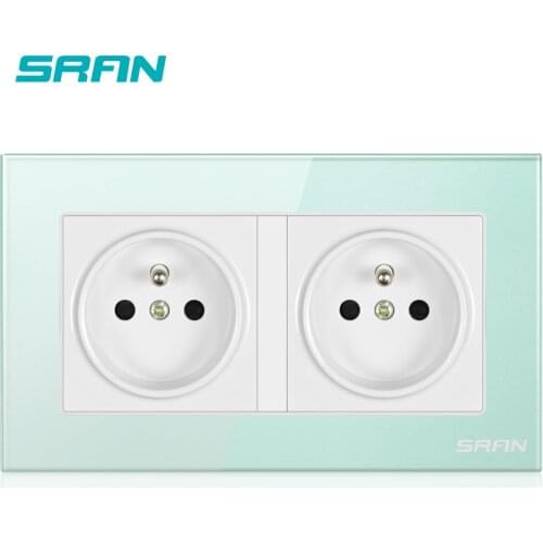 SRAN France dual frame wall socket 16A 220V green/pink crystal glass panel 146mm*86mm for romantic home decoration power socket