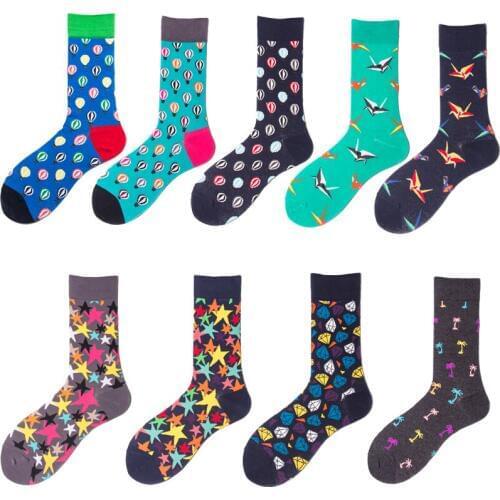 Socks Men Cotton Animals Hot Balloon Crane Diamond Stars Colorful Soft Creative Happy Socks Street Adult Casual Crew Socks
