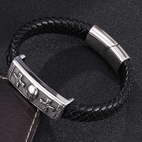 New Stainless Steel Prayer Cross Skull Heads Fashion Black Braided Leather Bracelets & Bangles For Men Jewelry Gifts PB0480
