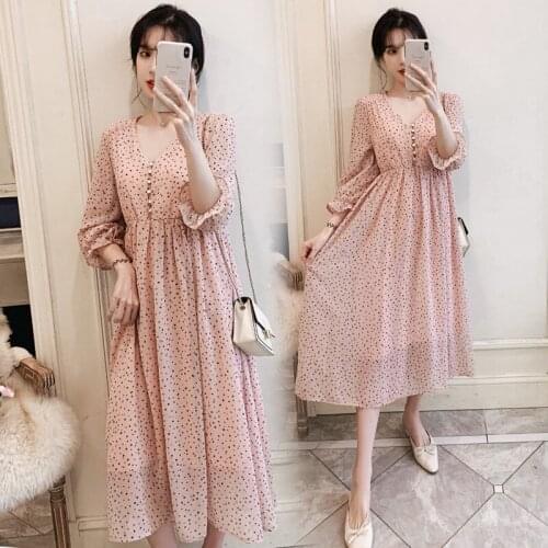 2021 Spring Pregnant Women V-neck Chiffon Dress Fashion Elegant Polka Dot Maternity Long Dress Sweet Pregnancy Cothes