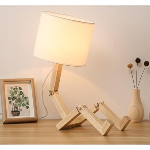 Modern Robot Shape Wooden Table Lamp E14 Lamp Holder 110-240V Cloth Art Wood Desk Table Lamp Parlor Indoor Study Night Light