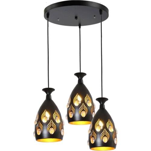 Modern Simple Iron Art Black Dining Pendant Three Fashion Creative Diamond Crystal Hotel Single LED Pendent Lamp