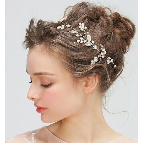 Vintage Bridal Handmade Leaf Pearls Headband Gold Headress Wedding Bridal Hair Accessories Crystal Hair Pins