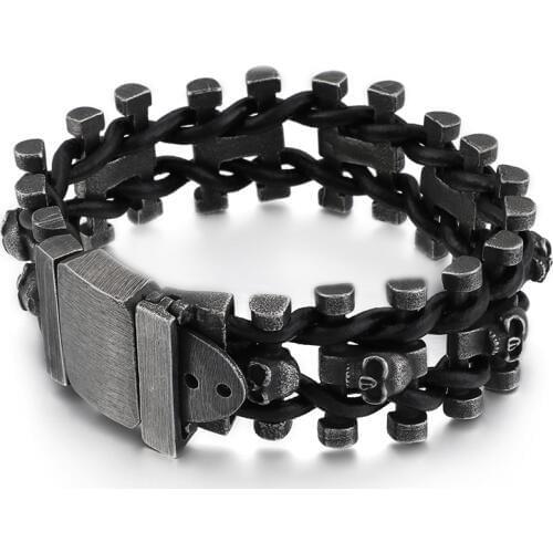 Vintage Black Leather braided Bracelet Stainless Steel Vintage Skull Chain bracelet 25mm wide 23cm .111g weight