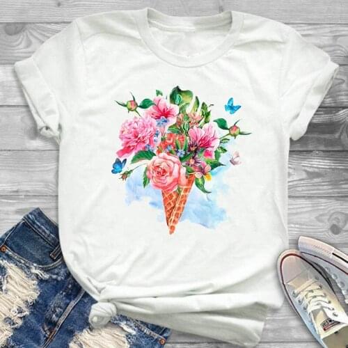 2020 Fashion New flowers print tshirt women summer white T shirt tops t-shirt harajuku feminina kawaii clothes