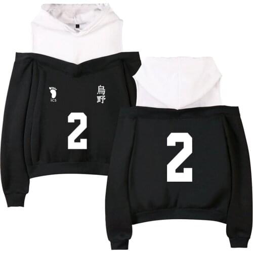 Anime Haikyuu Women Hoodies Sweatshirts Karasuno High School Volleyball Club Off Shoulder CottonHooded Clothes Long Sleeve Sexy