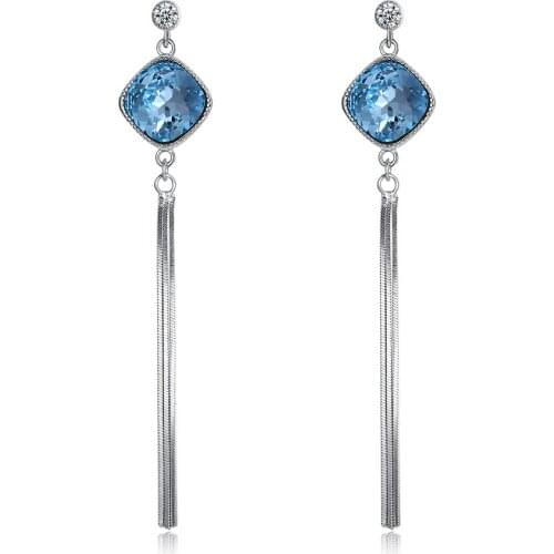 SILVERHOO 925 Sterling Silver Tassel Dangle Earrings For Women Cube Crystal Luxury Studs Fashion Jewelry Wedding Earrings Hot