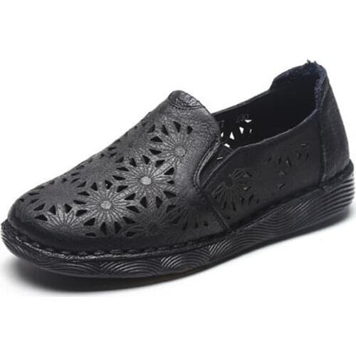 Top Cowhide Printing Leather Shoes Women Flats Breathable Hole Shoes Sandals Fashion Casual Shoes Comfort Elegant Tide Shoes