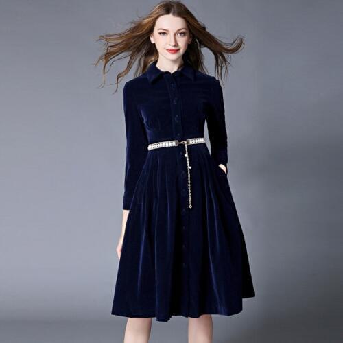 OL Style Blue Velvet Dress Winter Dresses Women 2018 Vestido Longo Woman Long Sleeve Office Dress Ropa Mujer Robe Longue 1315