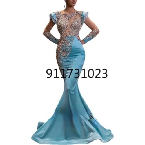 New Arrival Green Lace Mermaid Prom Dresses Long Sexy Illusion Sleevess Evening Party Dresses Vestido de Festa