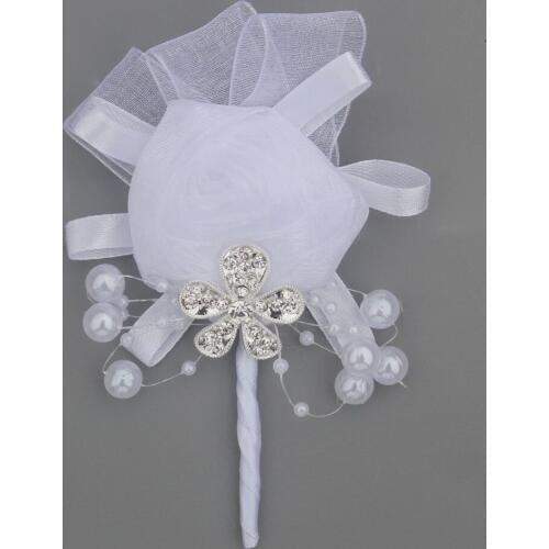 1Piece Wedding Groom Boutonniere Party Prom Best Man Corsage Handmade White Chiffon Yarn Rose Crystal Men Suit Brooch Flowers