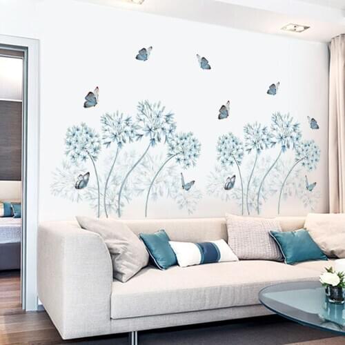 170*70CM Flying Butterfly Blue Dandelion Wall Stickers Vinyl Flowers Mural Art Decals Home Decor Self Adhesive PVC Wallpaper